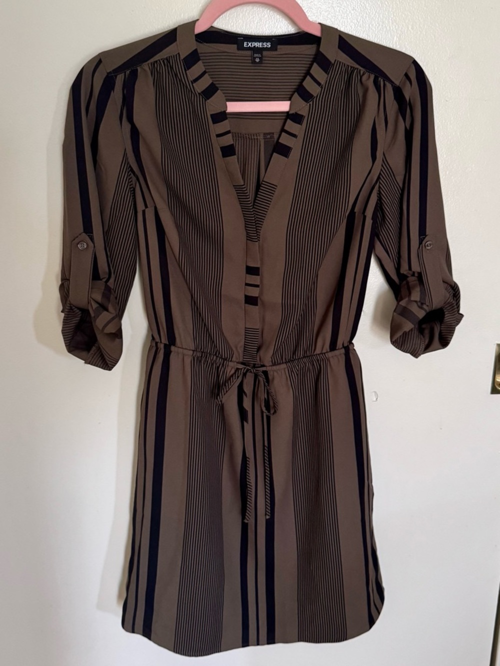 Express Olive and Black Striped Tie-Waist Mini Dress